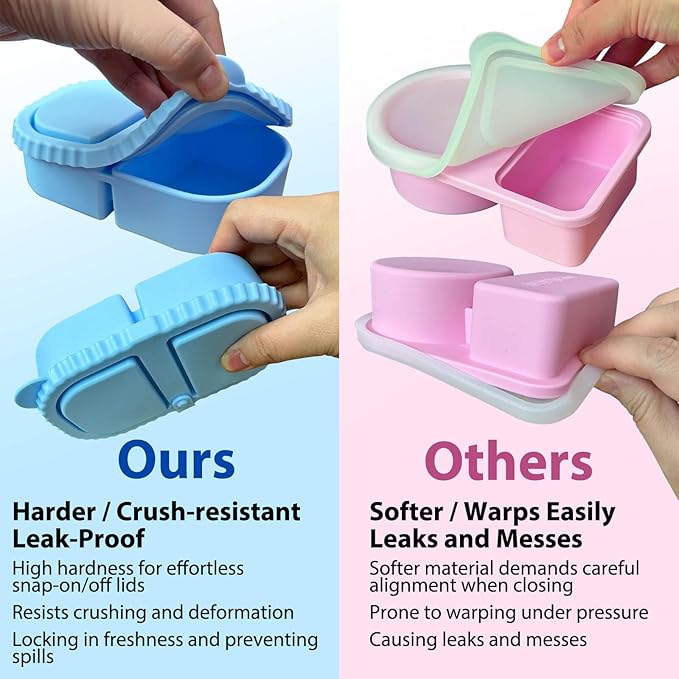 Silicone Reusable Snack Containers with Lids, 2 Compartment 8 oz Food Storage Containers Snackle Condiment Boxes Salad Dressing Sauce Seasoning Small Box for Travel Office Picnic 2 Pack Blue Pink