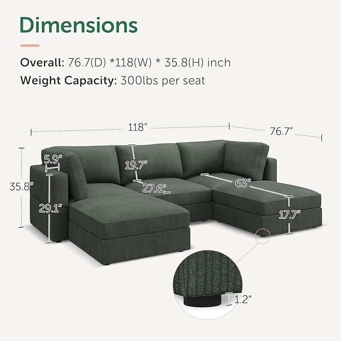 HONBAY Modular Sectional Sofa with Storage Corduroy U Shaped Sofa Modular Sectional Couches for Living Room,Green