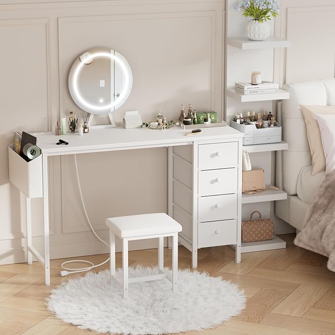 White Vanity Desk with Mirror and Light- Makeup Vanity Set Table with Chair, Storage, Lighted Mirror, 4 Large Fabric Drawers & Power Outlet, Dressing Table Vanities for Girls Bedroom