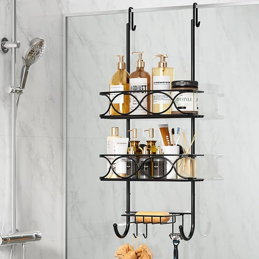 LEVERLOC Over The Door Shower Caddy, Shower Hanging Organizer Sturdy Rust Proof Bathroom Shelves with Strong Suction Cup and Reliable Hooks, Bath Basket Storage Rack, Metal Black