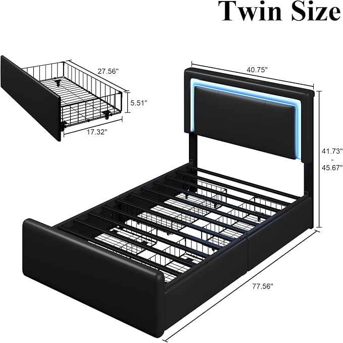 Twin Size Bed Frame with 4 Storage Drawers and LED Lights, Upholstered Platform Bed with Adjustable Headboard and Charging Station, Metal Slats Support, No Box Spring Needed,Easy Assembly, Black