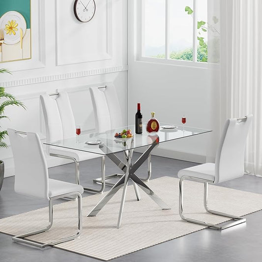 51'' Silver Glass Dining Table Set for 4,5 Piece Kitchen Table and Chairs Set with Metal Legs and 4 PU Leather Dining Chairs for Kitchen Room Small Spaces