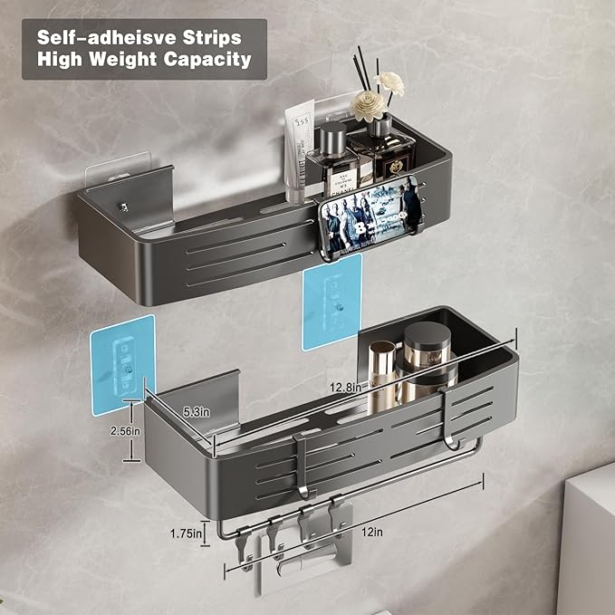 Voldra Adhesive Shower Caddy, 2 Pack Shower Shelves for Inside Shower No Drilling, Aluminum Stick On Showers Organizer with Towel Bar & Hooks Removable Bathroom Shelf Storage Rack(Gray)