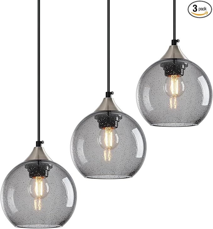 Light Grey Glass Pendant Lights Kitchen Island Globe Pendant Light Fixtures Modern Pendant Lighting for Bedroom Living Dining Room Light Fixture (5.9 in, 3 Pack)