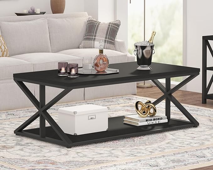 Launica Modern Coffee Table with Storage, Farmhouse Living Room Table, Minimalist Rectangle Center Table, Industrial Vintage Wood Tea Table, 47 Inch, Black Oak