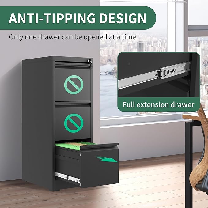 File Cabinet, Vertical File Cabinets with Lock for Home Office,Heavy Duty Office Steel Filing Cabinet for Hanging Letters/Legal/A4, Assembly Required (Black, 3 Drawers)