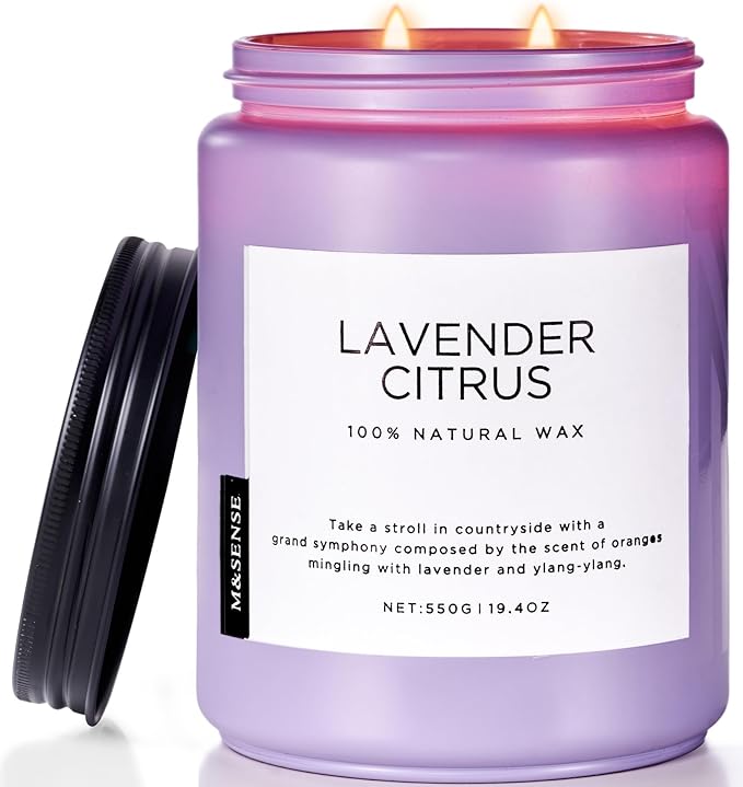 M&SENSE Lavender Citrus Candles, 19.4oz 110H Burn Time Large Natural Soy Candles for Home Scented, Stress Relief Aromatherapy Gifts for Mom Friends Teacher & Spa, Bath, Yoga