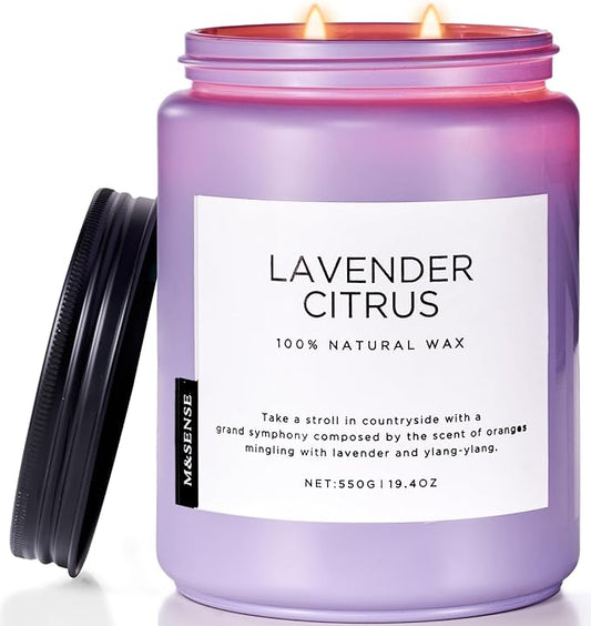M&SENSE Lavender Citrus Candles, 19.4oz 110H Burn Time Large Natural Soy Candles for Home Scented, Stress Relief Aromatherapy Gifts for Mom Friends Teacher & Spa, Bath, Yoga