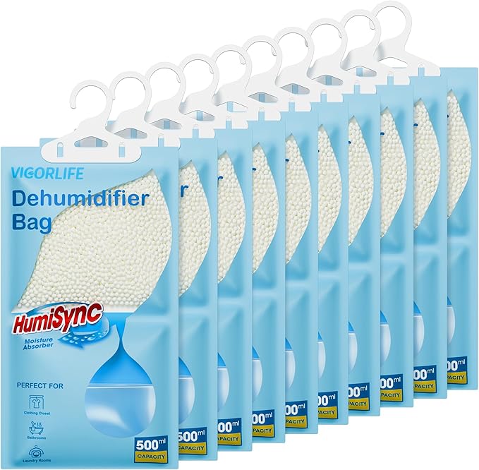 Moisture Absorbers Packets 9.8 OZ, Hanging Closet Dehumidifier Bags, Portable Humidity Absorber in Wardrobes, Bathrooms, Closet, Bedrooms, Attract and Trap Excess Moisture, Desiccant 10 Pack (Blue)