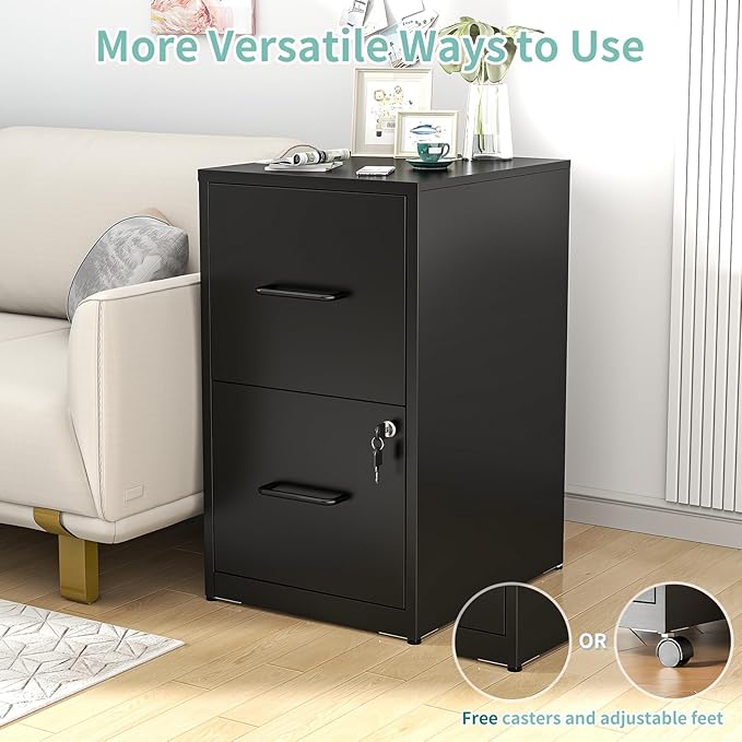 AQY 2 Drawer Filing Cabinet with Lock, Metal Black File Cabinet for Home Office, 18" Deep Vertical Storage Drawer for Hanging A4/Letter/Legal Size Files, Assembly Required