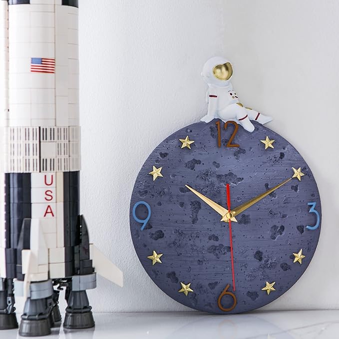 Space Theme Wall Clock, Astronaut Moon Wall Clock, 12 Inch Grey Modern Silent Clock for Kids Room Nursery Living Room Bedroom Kitchen Decor, for Children Boys and Girls Gift
