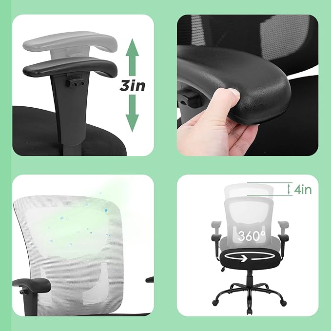 BestOffice Big and Tall Office Chair 400lbs Desk Chair Mesh Computer Chair with Lumbar Support Wide Seat Adjust Arms Rolling Swivel High Back Task Executive Ergonomic Chair for Home Office (White)