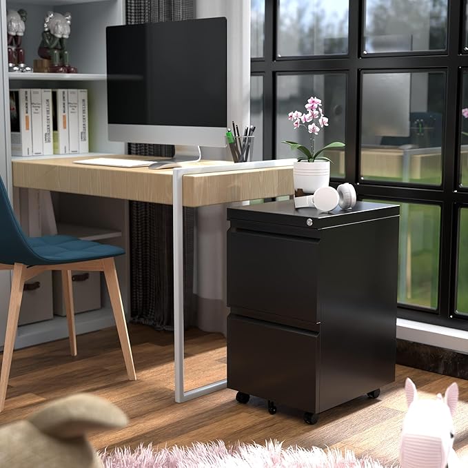 Aobabo Metal 2 Drawer Mobile File Cabinet with Lock, Under Desk Office Steel Filing Cabinet, 25.6''H Legal/Letter Size, Black, Fully Assembled Except Wheels