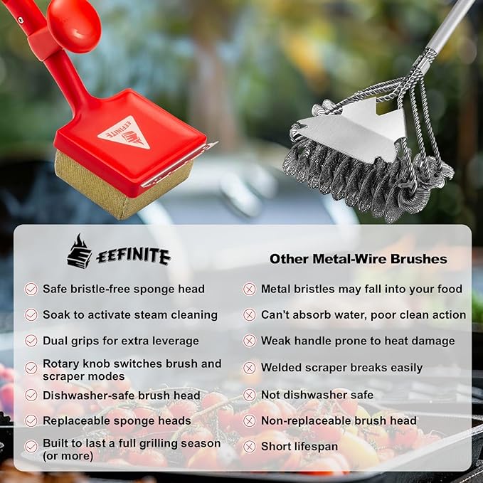 BBQ Grill Cleaner Brush, EEFINITE Steam Grill Brush for Outdoor Grilling with Replacement Scrub Sponge + Superior Scraper, Safe No Wire Bristle Barbecue Scrubber Brush for Grills Cleaning Tool
