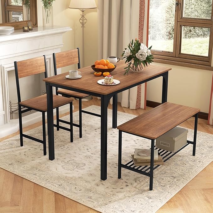 Tangkula Dining Table Set for 4, Kitchen Table and 2 Chairs for 4 with Bench, 4 Piece Dining Table Set for Small Space, Apartment
