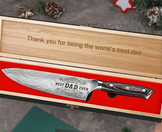 Dad Gifts from Daughter Wife Son, Best Dad Ever Kitchen Knife Gift Set with Wooden Box, Dad Christmas Birthday Gift Ideas, 8" Professional Chef Knife, Dads Birthday Gifts for Men Husband