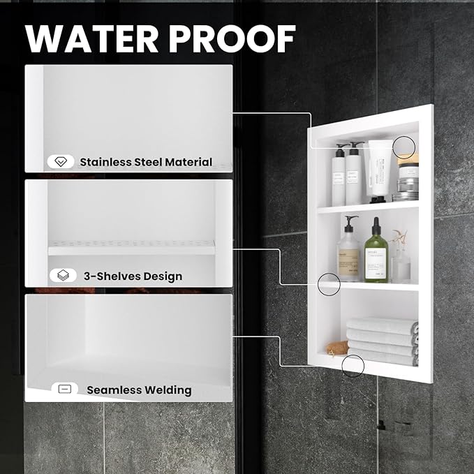 Stainless Steel Shower Niche 14" X 24"，3-Tier Shelf Niches Bathroom Shelf Recessed Wall Niche No Tile Needed Shower Shelf for Bathroom Storage (White, 14 x 24)