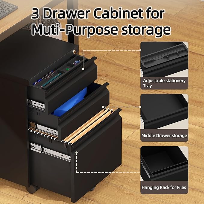 3 Drawer File Cabinet with Lock, Black Mobile File Cabinets for Home Office,Under Desk Small Filing Cabinet, Rolling File Cabinet for A4/Letter/Legal