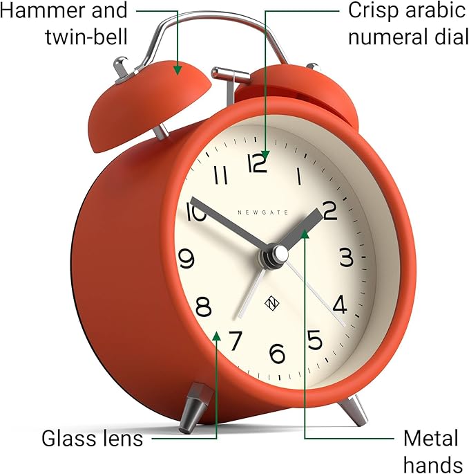 NEWGATE® Charlie Bell Echo Alarm Clock | Modern take on Classic Twin Bell Clock | Orange | Easy to Read Numbers | Ideal for Bedside, Desk or Shelf | Modern Retro Bedroom & Office Accessory