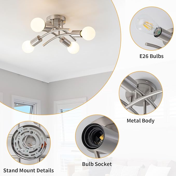 WILON Semi Flush Mount Ceiling Light Fixture, Modern Flush Mount Ceiling Lights, Brushed Nickel 4-Light Sputnik Ceiling Light Fixture with E26 Bulb Base for Hallway Farmhouse Kitchen Bedroom