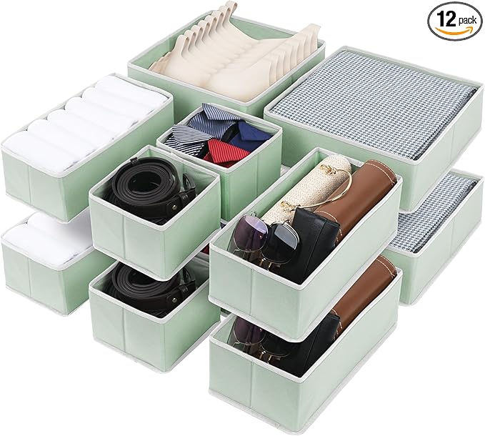 Cupic Cupid Drawer Organizer, Dresser Organizers, Foldabe Drawer Organizer Clothes, Closet Organization and Storage Dividers for Socks, Underwear and Diaper, Set of 12, Green