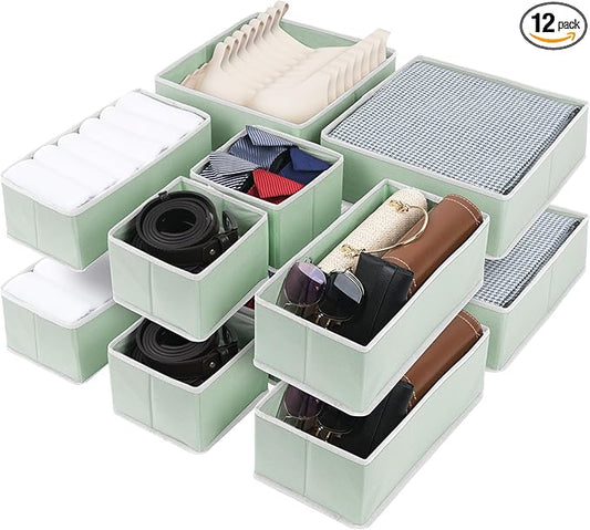 Cupic Cupid Drawer Organizer, Dresser Organizers, Foldabe Drawer Organizer Clothes, Closet Organization and Storage Dividers for Socks, Underwear and Diaper, Set of 12, Green