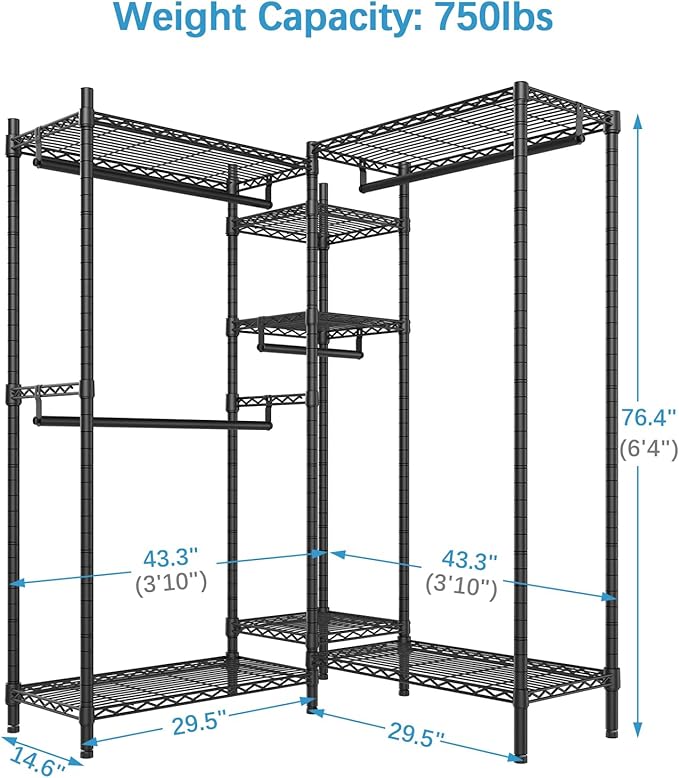 VIPEK L6 Garment Rack L Shaped Clothes Rack Heavy Duty Clothing Rack Metal Freestanding Closet with 7 Adjustable Shelves & 4 Hanging Rods 43.3"L x 43.3"W x 76.4"H, Max Load 750LBS, Medium Size, Black