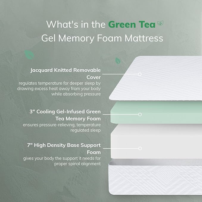 EGO White 10 inch King Memory Foam Mattress, Gel Green Tea Mattress Bed in a Box, CertiPUR-US Certified, 76"x80", Medium Firm