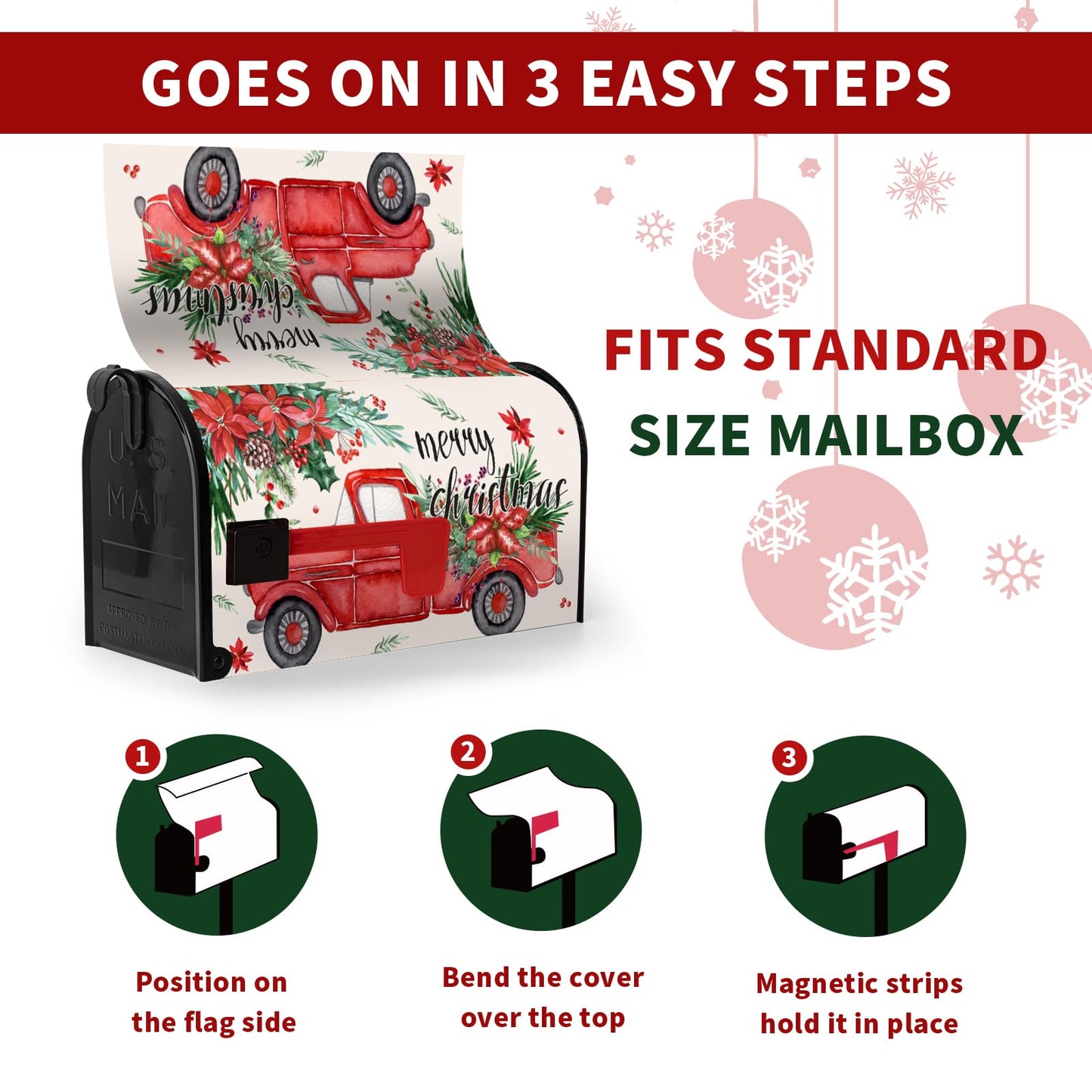 Dacawin Christmas Red Truck Mailbox Covers Magnetic 21x18 Inches Standard Size Xmas Winter Mailbox Cover Post Letter Box Wraps for Outside Garden Yard Outdoor Christmas Decorations