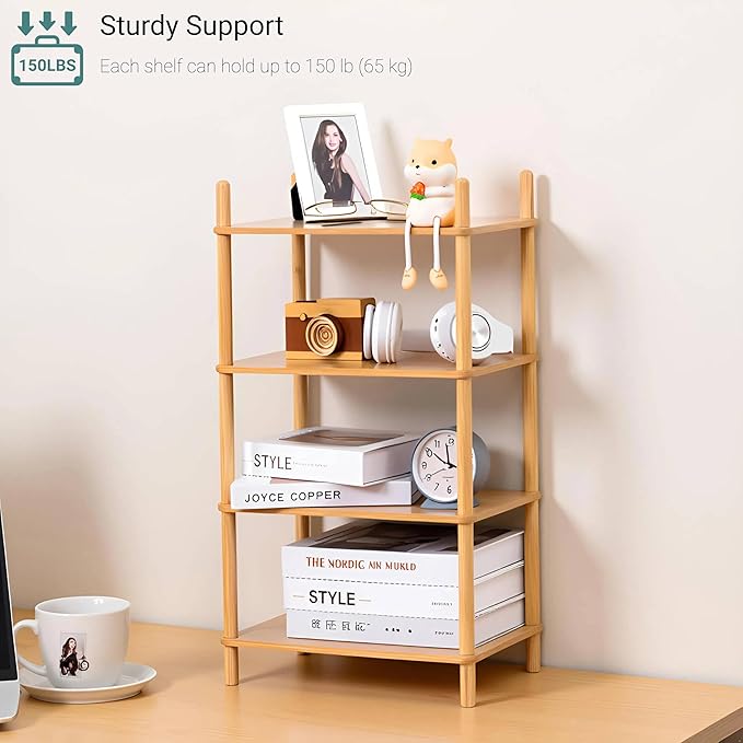 Bamboo Rack | Tool-Free Expandable (2-6 Tiers) | Kitchen Spice Organizer & Office Breakroom Snack/Cup Storage (Natural Bamboo)(Powered by Gogogo) (Natural, 15.6" W(4 Tier))