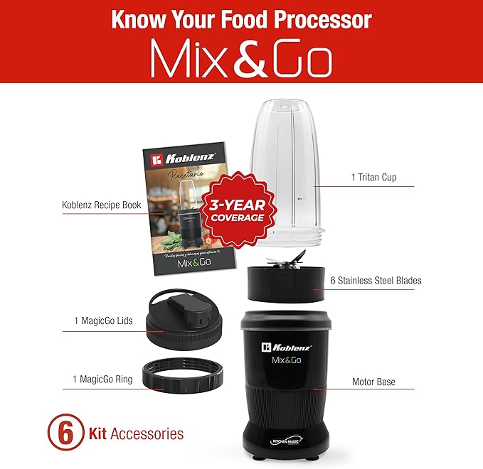 Koblenz Mix&Go Personal Blender, Portable Size Blender for Shakes and Smoothies with Auto-Stop Function, 1000w Motor, Stainless Steel Blades, To-Go Cup, Easy to Clean, Black