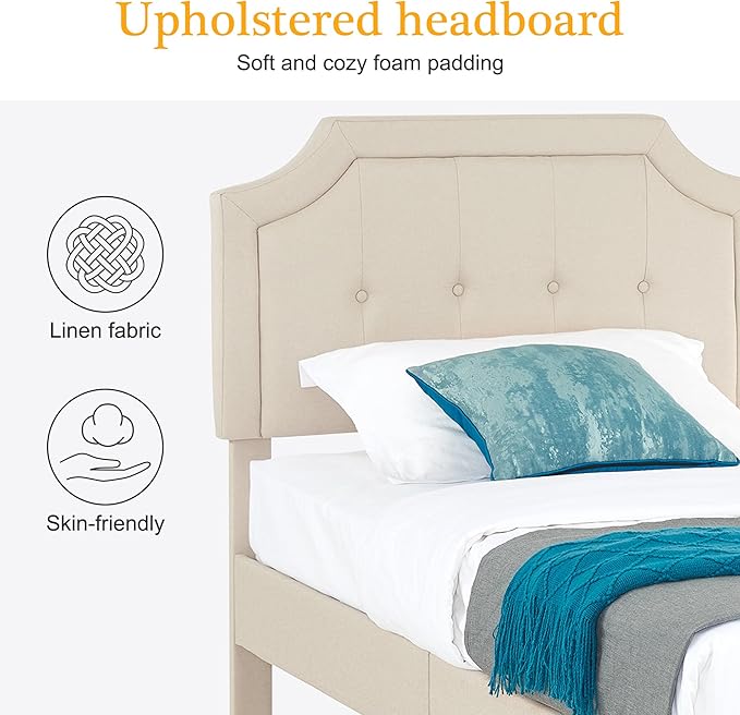 VECELO Twin Upholstered Platform Bed Frame with Adjustable Button Stitched Panel Headboard,Strong Wood Slat Support,Velcro Design,Mattress Foundation/Easy Assembly,Light Beige