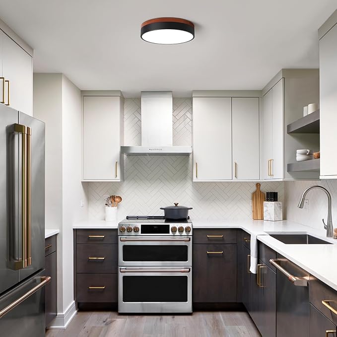 LED Ceiling Light Dimmable, Black and Wood Flush Mount Ceiling Light Fixture 5CCT in One, Minimalist Round Ceiling Lamp Modern Lighting for Kitchen, Bedroom, Hallway, Laundry Room, 11.8 Inch