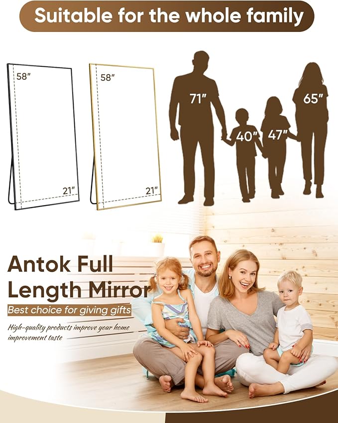 Antok Full Length Mirror, 58"x21" Floor Mirror with Stand, Hanging Mounted Mirrors for Bedroom, Living Room, Cloakroom, Dining Room, Black, Rect