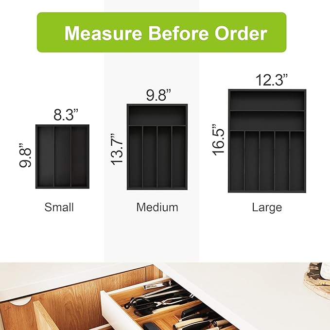 Bamboo Utensil Drawer Organizer, Silverware Tray Organizer, Kitchen Drawer Organizer for Flatware Cutlery (Black, 3 Slots)