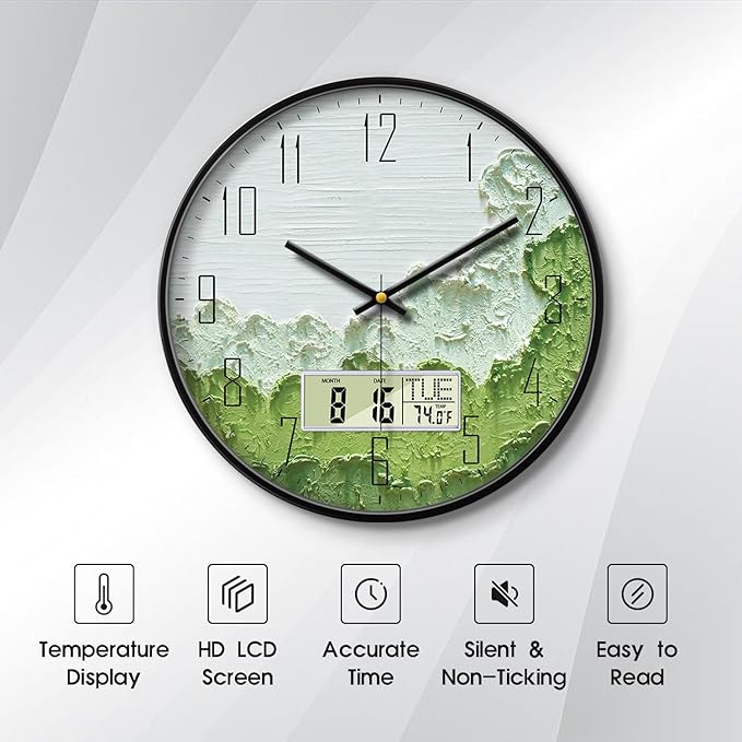 Modern Wall Clock with Temperature Green Forest Large Display Non-Ticking Battery Operated Clock with Date and Week for Kitchen Bedroom Living Room Farmhouse Decor 12 Inch