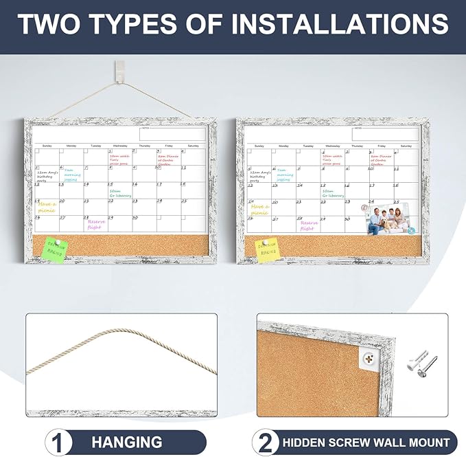 Dry Erase Calendar for Wall, 17x13 Inches Whiteboard Calendar Cork Board Combo, Magnetic Small White Board with Wood Framed, Hanging Dry Erase Board for Office Kitchen Home Planner Memo
