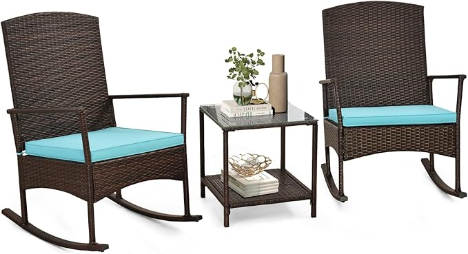 Tangkula 3 Pieces Rocking Wicker Bistro Set, Outdoor Front Porch Rocker Chairs Conversation Set with 2-Tier Tempered Glass Coffee Table and Thick Cushions for Garden, Balcony, Poolside (Turquoise)
