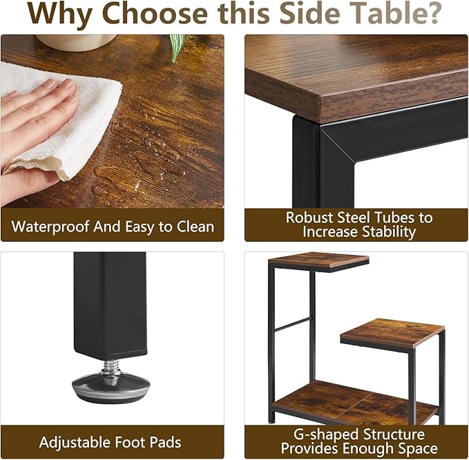 G-Shaped End Table, 3 Tier Side Table with Metal Frame for Living Room Corner Tables, Balcony, Couch, Bedroom Rustic Brown YD-TM053H