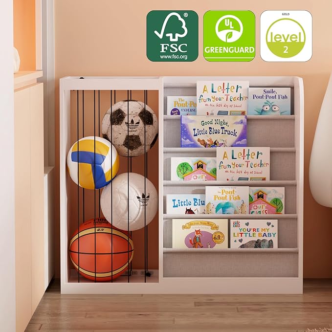 White Kids Bookshelf & Stuffed Animal Net Holder Plush Toy Storage Organizer Child Bookcase Toddler Baby Sling Book Rack for Playroom Bedroom Nursery Infant Boys Girls Classroom