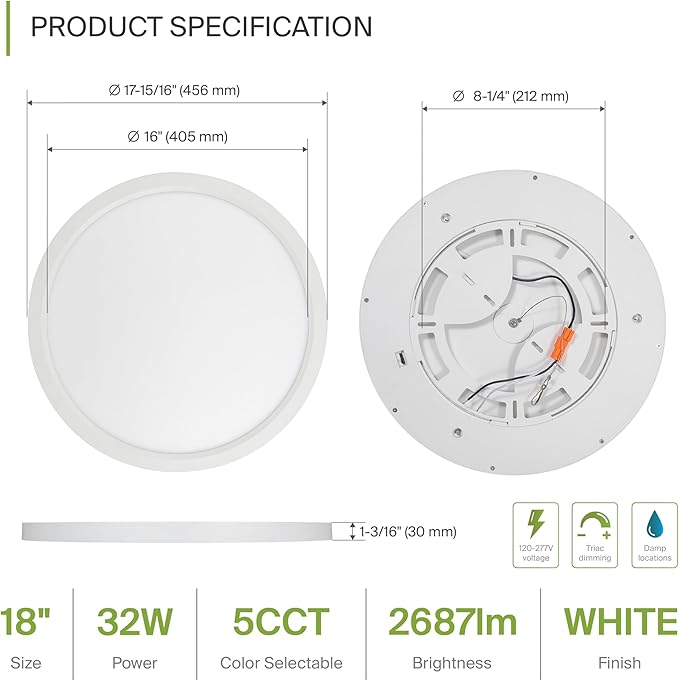 ASD LED 18" Round Flush Mount Ceiling Light Fixture, Low Profile Surface Lighting | 5CCT, Dimmable, Ultra-Thin, ETL Listed | 32W 2600LM 2700-6000K 100-277V | Kitchen, Hallway Lamp | White, 4 Pack