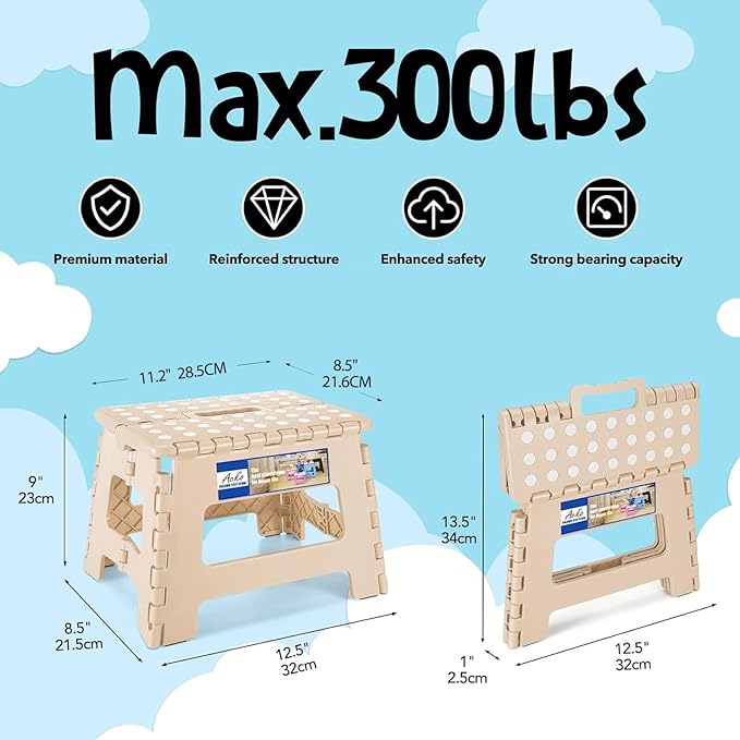 ACKO Folding Step Stool 9 Inch 300 lb Capacity, Plastic Foldable Step Stools for Kids and Adults, Folding Stools Suitable for Kitchen, Stepping Stool with Handle Khaki 1PC
