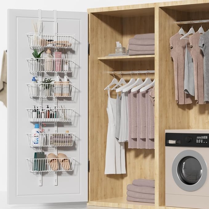 6 Tier Over the Door Pantry Organizer, Foldable Metal Over the Door Hanging Spice Rack with 6 Baskets, Adjustable Hanging Storage Rack for Kitchen, Bedroom, Laundry Room, Bathroom Essentials, White