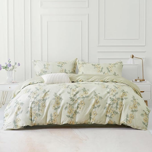 SAPHREAS Green Leaf Cotton Duvet Cover Set Full Size 3pcs Tropical Botanical Yellow Flower Bedding Comforter Cover Set 1 Duvet Cover 2 Pillow Shams, Comforter Not Included