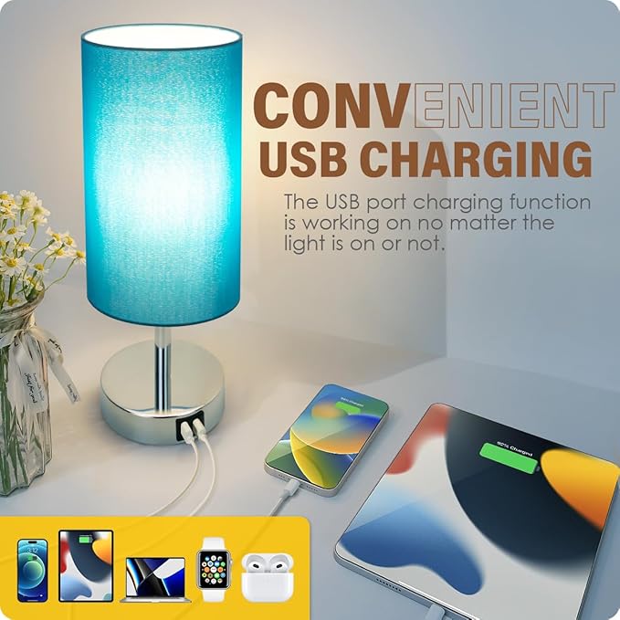 Yarra-Decor Blue Fabric Shade Touch Control Table Lamp with USB Ports, 3 Way Dimmable Nightstand Lamp for Bedroom, Living Room, Kids Room, College Dorm, Office