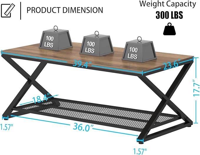 LVB Wood Coffee Table, Metal Wooden Living Room Table with Storage, Industrial 2 Tier Cocktail Tea Table with Mesh Shelf, Farmhouse Rectangular Low Middle Tables for Office Bedroom, 39 inch Rustic Oak