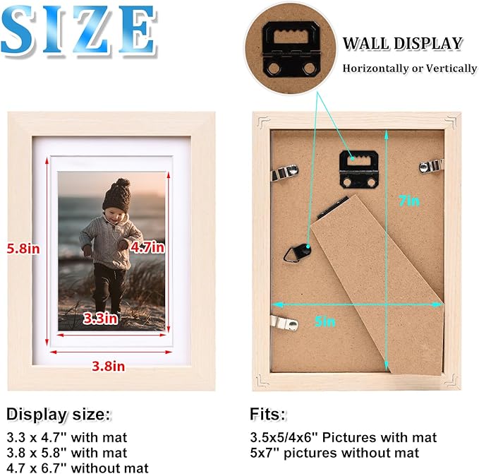 KINLINK 5x7 Picture Frame White Oak, Solid Light Wood Frames with Acrylic Plexiglass for 3.5x5/4x6 with Mat or 5x7 without Mat, Tabletop and Wall Display Photo Frame, Set of 4