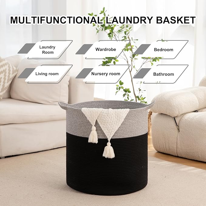 Laundry Basket, 100L Large Laundry Hamper, Tall Woven Rope Storage Basket for Blanket Toys Pillows Towels, Baby Nursery Hamper Bin for Living Room, Bedroom (Black & Grey)