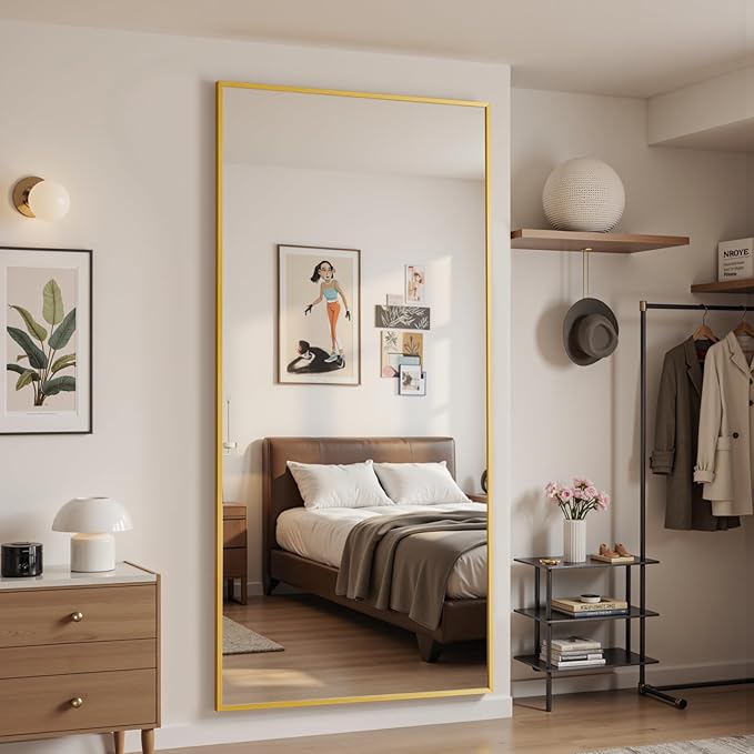 Antok Mirror Full Length, 71"x28" Big Floor Mirror, Oversized Full Body Mirrors with Stand for Bedroom, Living Room Cloakroom, Gold, Rect Corner Style