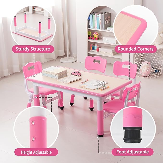 UNICOO Kids Table and Chairs Set, Height Adjustable Multi-Activity Preschool Table with Graffiti Desktop for Ages 2-8 - Versatile Kids Tables for Play, Learning, and Creativity(Maple Top/Pink Border)